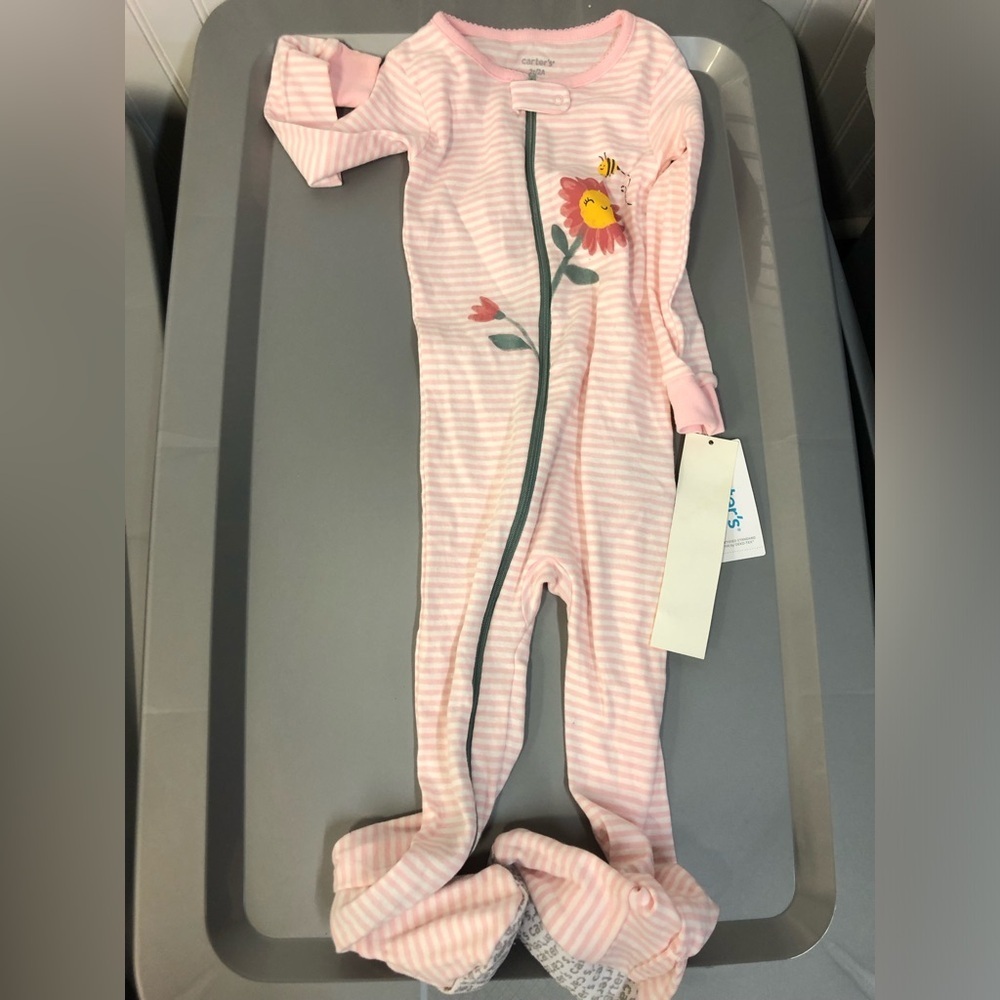 Carters Pink Striped Kids One Piece with Floral Design 2T